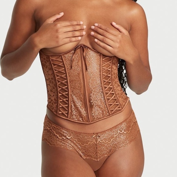 •NWT Victoria’s Secret Open Cup Golden Brown Lace Up Corset | Large - Picture 3 of 8